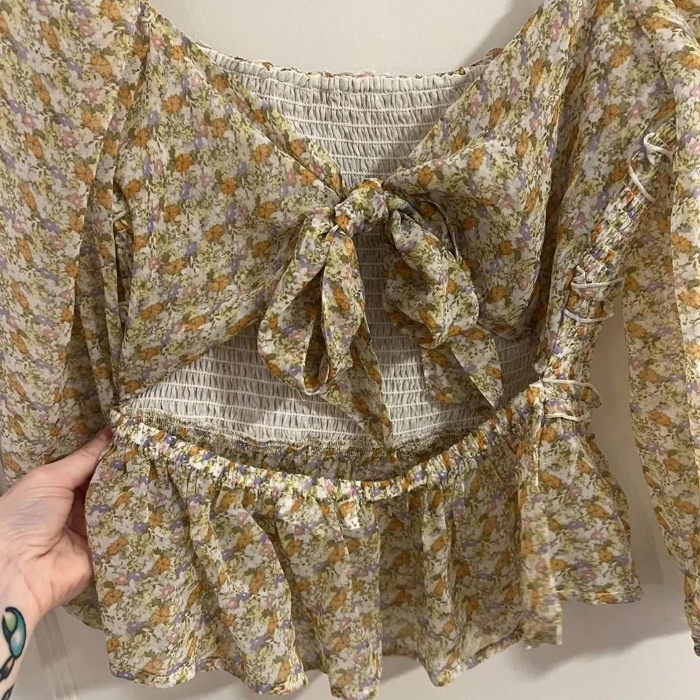 ASTR The Label Light Floral Smocked Square Neck + Tie Back Blouse